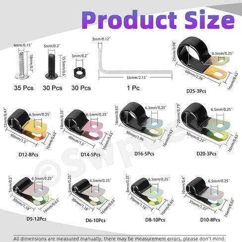 SWPEET 40PCS 7 حجم 6MM-25MM 1/4 "حفرة مجلفنة فينيل مغلفة ثقب واحد من المشابك أحادية الجانب مجموعة مجموعة متنوعة ، مقاطع معزولة وسادة مطاطية ، مشابك الأسلاك المعدنية لأسلاك كابلات الأنابيب in Saudi Arabia