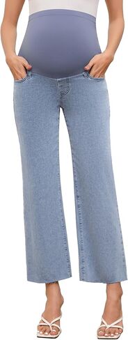 fitglam Women's Maternity Jeans Straight Leg Relaxed Fit Over Belly Comfy Denim Capris Pregnancy Cropped Pants-26'', S-XXL in Kuwait