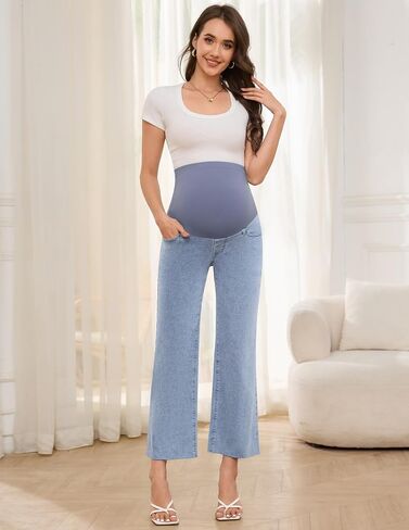 fitglam Women's Maternity Jeans Straight Leg Relaxed Fit Over Belly Comfy Denim Capris Pregnancy Cropped Pants-26'', S-XXL in Kuwait