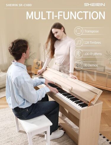 Digital Piano Hammer Action Keyboard 88 Keys Upright Acoustic Electric Weighted Piano Beginner MIDI Cover Full Size Sustain Pedal Stand Real Professional SR-FH80 (Beige Full Cover) in Saudi Arabia