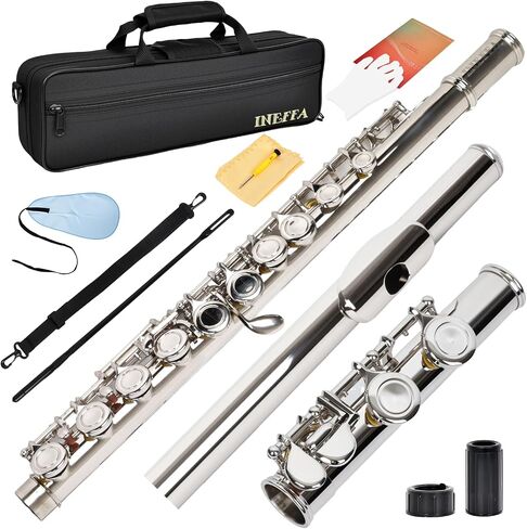 Professional Silver Plated C Flute for Beginners and All Levels, 16 Key Closed Hole with Ergonomic Design, Includes Carrying Case, Gloves, Cleaning Cloth, Tuning Rod, INEFFA in Kuwait