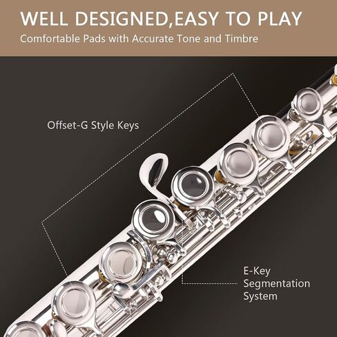 Professional Silver Plated C Flute for Beginners and All Levels, 16 Key Closed Hole with Ergonomic Design, Includes Carrying Case, Gloves, Cleaning Cloth, Tuning Rod, INEFFA in Kuwait