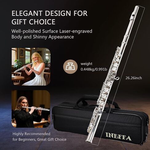 Professional Silver Plated C Flute for Beginners and All Levels, 16 Key Closed Hole with Ergonomic Design, Includes Carrying Case, Gloves, Cleaning Cloth, Tuning Rod, INEFFA in Kuwait