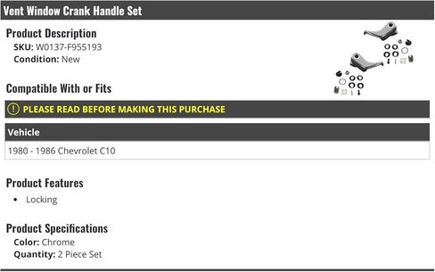 Vent Window Crank Handle - 2 Piece Set - Chrome - Compatible with 1980-1986 Chevy C10 in Saudi Arabia
