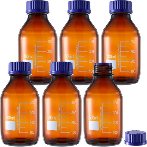 6 Pieces 500 ml Reagent Media Bottles Amber Glass Graduated Round Lab Reagent Media/storage Bottle with Blue Screw Cap in Saudi Arabia