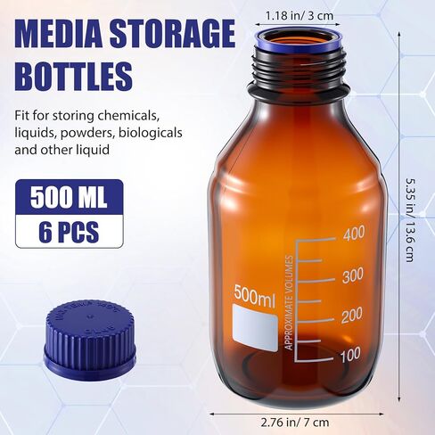 6 Pieces 500 ml Reagent Media Bottles Amber Glass Graduated Round Lab Reagent Media/storage Bottle with Blue Screw Cap in Saudi Arabia
