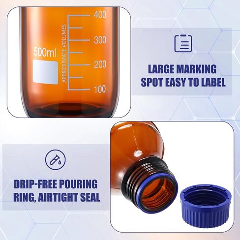 6 Pieces 500 ml Reagent Media Bottles Amber Glass Graduated Round Lab Reagent Media/storage Bottle with Blue Screw Cap in Saudi Arabia