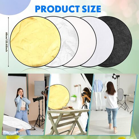Photography Reflector 5 in 1 Light Reflectors for Photography Collapsible Photoshoot Props with Bag for Photo Studio Lighting, Translucent, Silver, Gold, White and Black (23 Inches) in Saudi Arabia