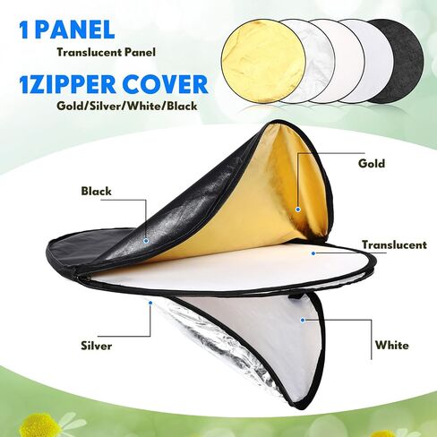 Photography Reflector 5 in 1 Light Reflectors for Photography Collapsible Photoshoot Props with Bag for Photo Studio Lighting, Translucent, Silver, Gold, White and Black (23 Inches) in Saudi Arabia