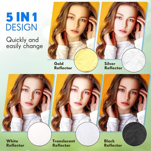 Photography Reflector 5 in 1 Light Reflectors for Photography Collapsible Photoshoot Props with Bag for Photo Studio Lighting, Translucent, Silver, Gold, White and Black (23 Inches) in Saudi Arabia