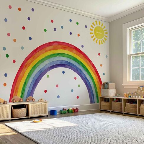 Watercolor Rainbow, Sun, Polka Dots Wall Decal for Kids Room, Nursery, Baby Room Decor, Polka Dots Mural, Rainbow Wallpaper (Rainbow-Sun-Polkadots, XXLarge) in Saudi Arabia