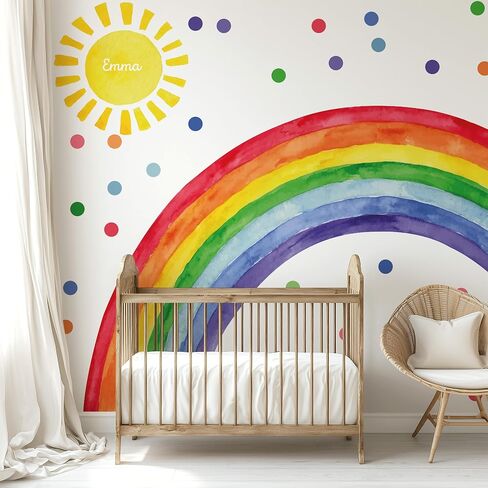 Watercolor Rainbow, Sun, Polka Dots Wall Decal for Kids Room, Nursery, Baby Room Decor, Polka Dots Mural, Rainbow Wallpaper (Rainbow-Sun-Polkadots, XXLarge) in Saudi Arabia