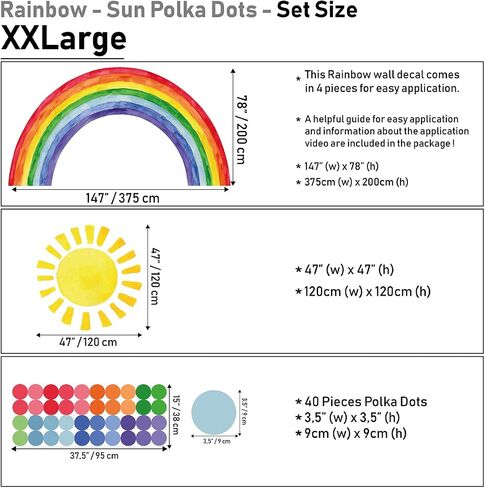 Watercolor Rainbow, Sun, Polka Dots Wall Decal for Kids Room, Nursery, Baby Room Decor, Polka Dots Mural, Rainbow Wallpaper (Rainbow-Sun-Polkadots, XXLarge) in Saudi Arabia