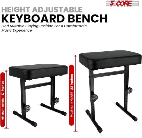 5 CORE BECKALD BENCH PIANO PIANO T النمط الأسود سميك سميك وسادة مقعد ارتفاع قابل للتعديل من 17 إلى 22 بوصة | كرسي لوحة المفاتيح (PU Leather) - KBB H -ADJ BLK in Kuwait