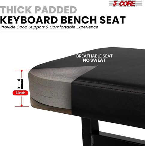 5 CORE BECKALD BENCH PIANO PIANO T النمط الأسود سميك سميك وسادة مقعد ارتفاع قابل للتعديل من 17 إلى 22 بوصة | كرسي لوحة المفاتيح (PU Leather) - KBB H -ADJ BLK in Kuwait
