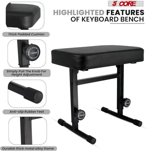 5 CORE BECKALD BENCH PIANO PIANO T النمط الأسود سميك سميك وسادة مقعد ارتفاع قابل للتعديل من 17 إلى 22 بوصة | كرسي لوحة المفاتيح (PU Leather) - KBB H -ADJ BLK in Kuwait