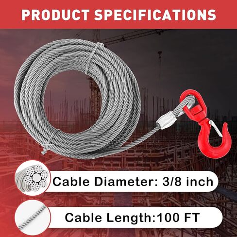 كابل رافعة الصلب ، حبل سلكي 3/8 "× 50 بوصة مع خطاف دوار ، 17637 رطلا قوة كسر ، 6 × 19 in Kuwait