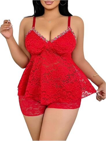 Soly Hux Women's Plus Size 2 قطعة الملابس الداخلية مجموعة الدانتيل الشرير V أعلى أكمام in Saudi Arabia