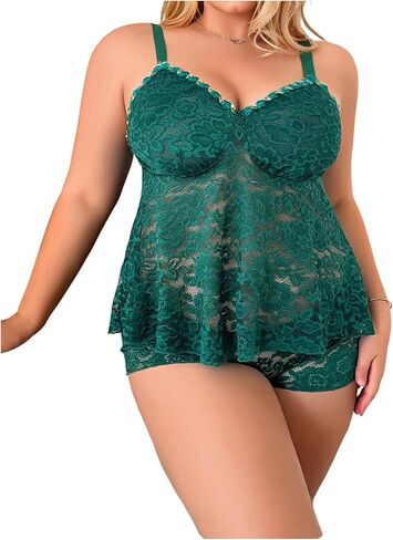 Soly Hux Women's Plus Size 2 قطعة الملابس الداخلية مجموعة الدانتيل الشرير V أعلى أكمام in Saudi Arabia