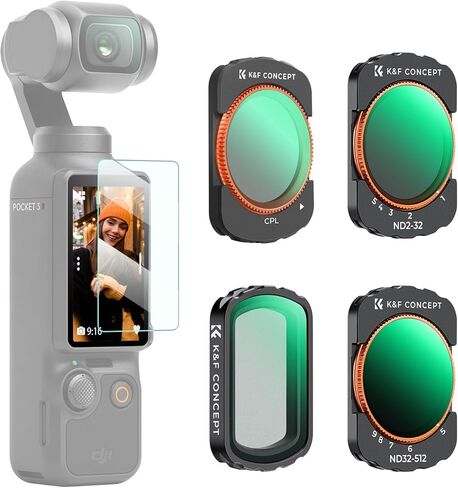 K&F Concept Variable ND&CPL&Wide Angle Lens Compatible with DJI Osmo Pocket 3 Creator Combo, Neutral Density ND2-32 ND32-512 Polarizing Wide-Angle Lens 4Pack Kit, Multi-Coated HD Optical Glass in Saudi Arabia
