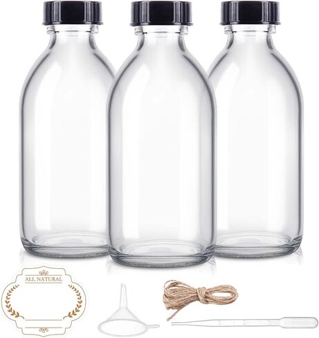8oz Clear Glass Bottle with Lids, 3 Pack Round Empty Containers Leakproof Refilllable Sample Dispensing Bottles for Homemade Vanilla Extract, Essential Oils, Potion, Juice, Ginger Shots, Liquids in Kuwait