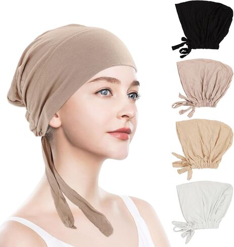 4 PCS HIJAB Undercap CAP UNDERCAPS لعدم وجود أغطية قسيمة مع ربطة عنق الإسلامية القابلة للتعديل تحت السطوح (Black + White + Light Beige + Beige) in Kuwait