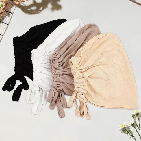 4 PCS HIJAB Undercap CAP UNDERCAPS لعدم وجود أغطية قسيمة مع ربطة عنق الإسلامية القابلة للتعديل تحت السطوح (Black + White + Light Beige + Beige) in Kuwait