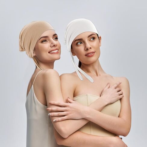 4 PCS HIJAB Undercap CAP UNDERCAPS لعدم وجود أغطية قسيمة مع ربطة عنق الإسلامية القابلة للتعديل تحت السطوح (Black + White + Light Beige + Beige) in Kuwait