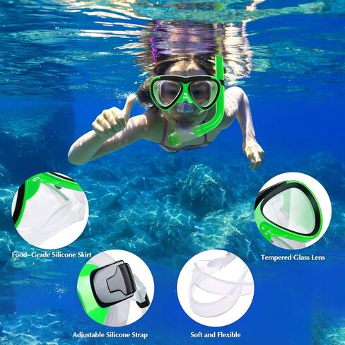 GreenLF Kids Snorkel Set, Anti-Fog Snorkeling Mask with Nose Covers for Youth Junior Child, Boys & Girls Age 5-12, Semi-Dry Diving Scuba Swimming Goggles Gear Packages in Saudi Arabia
