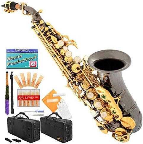 Black Nickel-Gold Keys Bb B-Flat Curved Soprano Saxophone Sax Lazarro+11 Reeds,Care Kit~24 COLORS Available-320-BN in Saudi Arabia