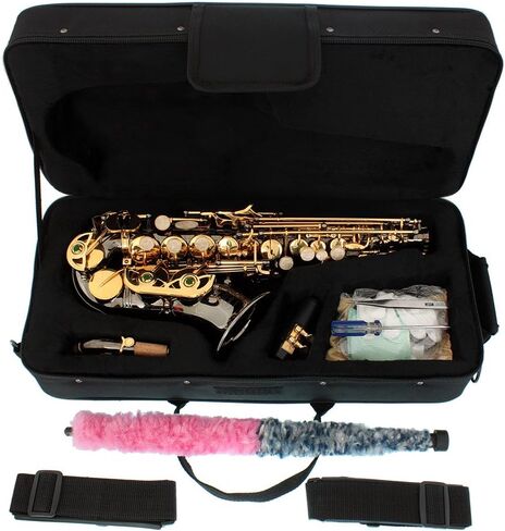 Black Nickel-Gold Keys Bb B-Flat Curved Soprano Saxophone Sax Lazarro+11 Reeds,Care Kit~24 COLORS Available-320-BN in Saudi Arabia