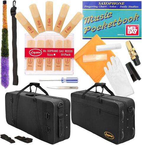Black Nickel-Gold Keys Bb B-Flat Curved Soprano Saxophone Sax Lazarro+11 Reeds,Care Kit~24 COLORS Available-320-BN in Saudi Arabia
