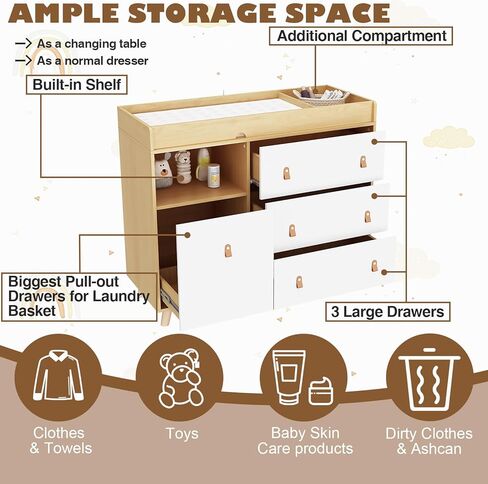 طاولة تغيير ملابس الأطفال مع الأدراج ، الرف ، تخزين سلة الغسيل الخفية ، 2 في 1 صندوق الحضانة للصدر للرضع ، محطة تغيير حفاضات الطفل للرعاية النهارية ، غرفة نوم ، أبيض in Kuwait