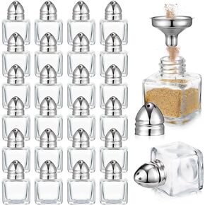 12 Pcs 0.5 oz Cube Shape Small Salt and Pepper Shakers with Tone Tops Clear Mini Glass Seasoning Jars Spice Salt Shakers with Funnel for Wedding Party Restaurant Home Kitchen (Gold)