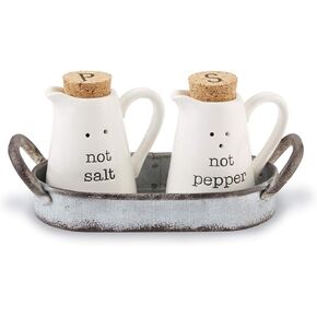 Mud Pie Farmhouse Inspired Ceramic Aluminum Salt and Pepper Caddy Set, One size, White