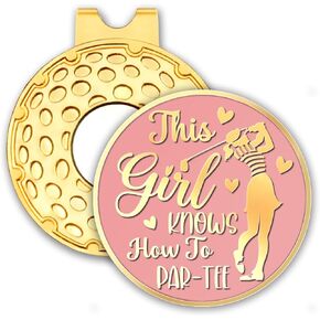 This Girl Knows How to Par Tee Pink Gold Golf Ball Marker with Hat Clip, Funny Golf Accessories for Women Girl, Christmas Birthday Gifts for Her, Golf Fan Golfer, Novelty Golf Gifts (OBJ010)