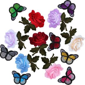 14 Pieces Embroidery Rose Flower Butterfly Iron on Applique Patches Sew on Butterfly Patch Rose Applique Patches for Jacket Jeans Clothes Hats Shoes Bags