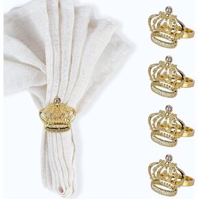 Gold Royal Crown Theme Napkin Rings with Diamond Set of 4