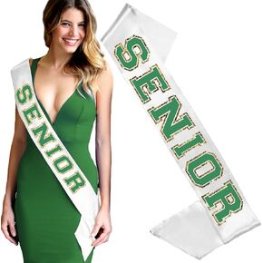 High School Senior Sash - Gold Sparkle Senior Green Premium Grade Satin Sash - Senior Night Supplies & Gifts - Satin Sash(GLD Senior) Green