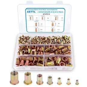 Rivet Nuts Kit, AETTL 413pcs SAE UNC Rivet Nuts Assortment, Zinc Plated Finish, Carbon Steel Flat Head Rivet Nut Kit with Case 6#-32,8#-32,10#-24,1/4-20, 5/16-18, 3/8-16, 1/2-13