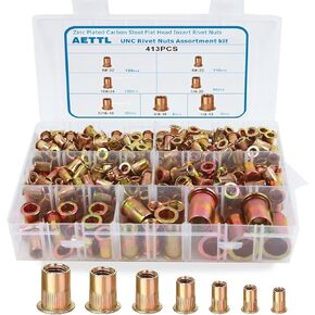 مجموعة صواميل البرشام، AETTL 413pcs SAE UNC تشكيلة صواميل البرشام، لمسة نهائية مطلية بالزنك، طقم صواميل برشام برأس مسطح من الفولاذ الكربوني مع علبة 6#-32,8#-32,10#-24,1/4-20، 5/16- 18، 3/8-16، 1/2-13 in Kuwait