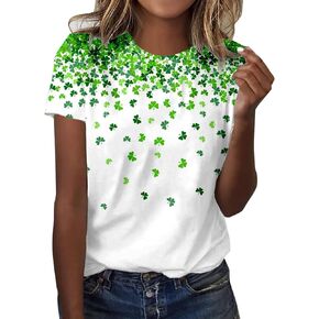 St Patricks Day Shirt Women Fashion Casual Top Shirt Short Sleeve Round Neck Printed Shamrock Lucky Tshirt St. Patrick's Day