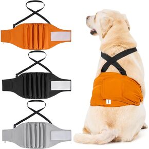Avont 3 Pack Washable Dog Diapers Male Reusable Male Dog Wraps with Suspenders, Highly Absorbent Belly Bands Pee Wrap for Boy Doggie -M Black/Grey/Brown
