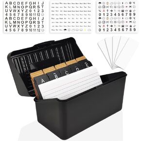 Index Card Holder,3"x5"Index Card Box with Ruled Index Cards,Dividers,Stickers and Box Labels,Black Note Card Organizer for Flash Cards
