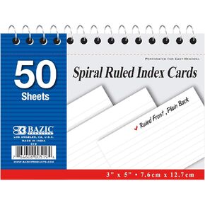 BAZIC Ruled Index Cards Book 3" X 5" 50 Count, Spiral Bound Memo, White Flashcards, Ruled Lined Card for Learning Memory Reminder (50/Pack), 1-Pack