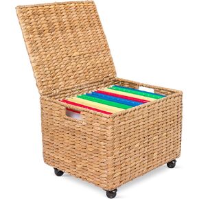 BIRDROCK HOME Rolling File Cabinet with Lid | Small Wooden Under Desk Organizer | Seagrass Basket with Wheels | Portable Home Office Filing System - Mini Decorative Box, Single Drawer, Brown Wash