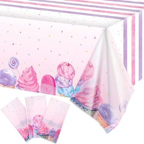 3 Pieces Ice Cream Party Tablecloth Ice Cream Table Cover Disposable Plastic Tablecloth Summer Party Table Covers for Baby Girls Shower Kids Birthday Party Decorations,108 x 54 Inch