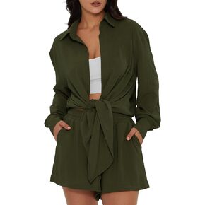 عميق الذاتي المرأة 2 قطعة ملابس الصيف عادية كم طويل عقدة الجبهة قمصان مطابقة السراويل عطلة صالة مجموعات in Kuwait