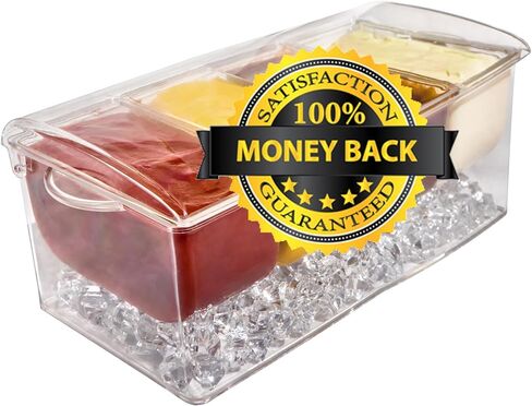 علبة خادم بهارات مبردة بالثلج مكونة من 4 أقسام - حاوية صينية تقديم مع 4 أطباق قابلة للإزالة وغطاء مفصلي | 3 ملاعق تقديم + 3 ملقط متضمنة in Kuwait