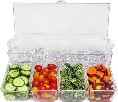 علبة خادم بهارات مبردة بالثلج مكونة من 4 أقسام - حاوية صينية تقديم مع 4 أطباق قابلة للإزالة وغطاء مفصلي | 3 ملاعق تقديم + 3 ملقط متضمنة in Kuwait